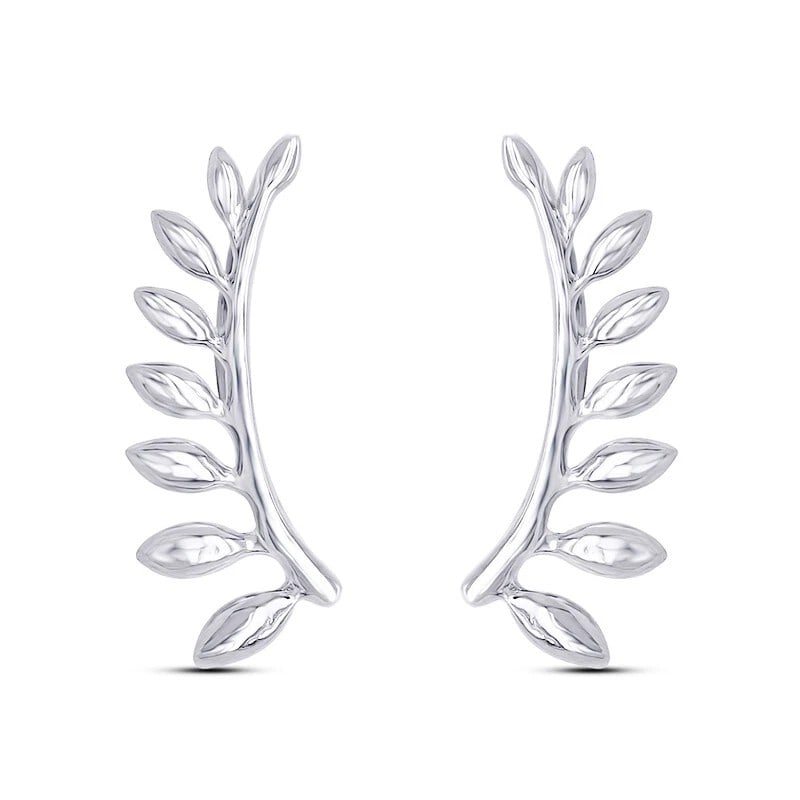 WHITE-METAL LAUREL LEAF EAR CLIMBERS: WHITE-METAL LAUREL LEAF EAR CLIMBERS Description: A pair of white-metal ear climbers formed as curving laurel branches with individually modeled leaves arranged along each stem.