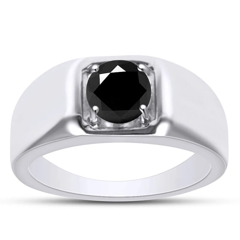 WHITE-METAL BLACK STONE SIGNET-STYLE RING: WHITE-METAL BLACK STONE SIGNET-STYLE RING Description: A substantial white-metal ring centered by a round faceted black stone in a raised square-profile setting, with broad polished shoulders.