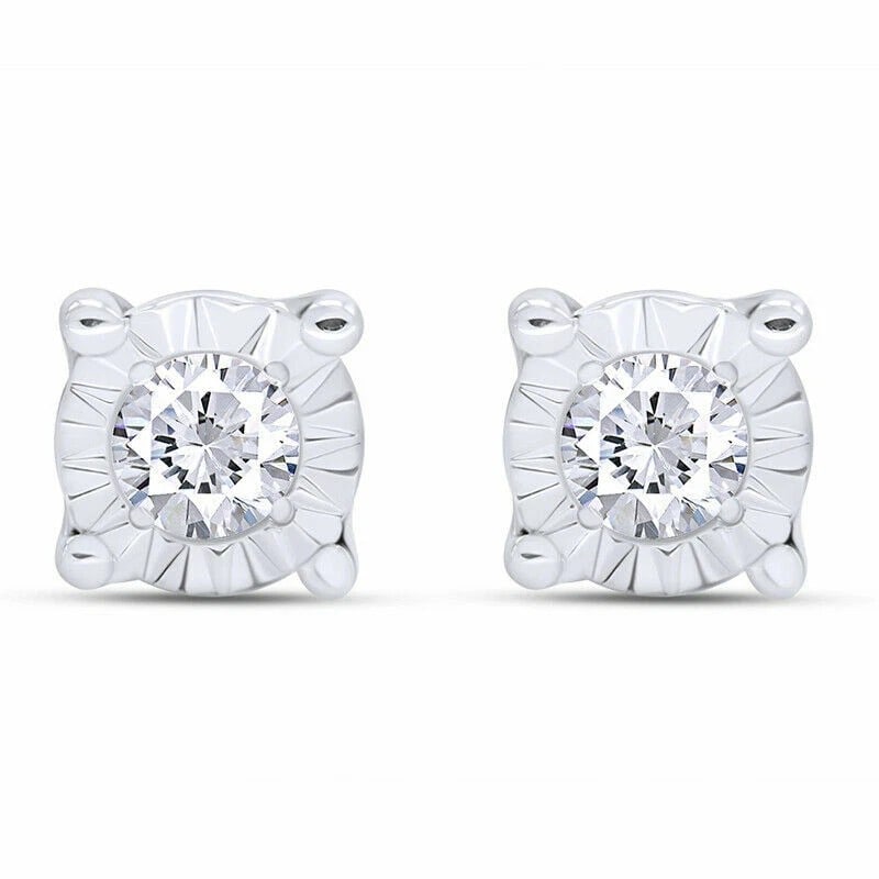 WHITE-METAL COLORLESS STONE SOLITAIRE STUD EARRINGS: WHITE-METAL COLORLESS STONE SOLITAIRE STUD EARRINGS Description: A pair of classic white-metal stud earrings, each centered by a round colorless stone held within a compact square-profile setting and
