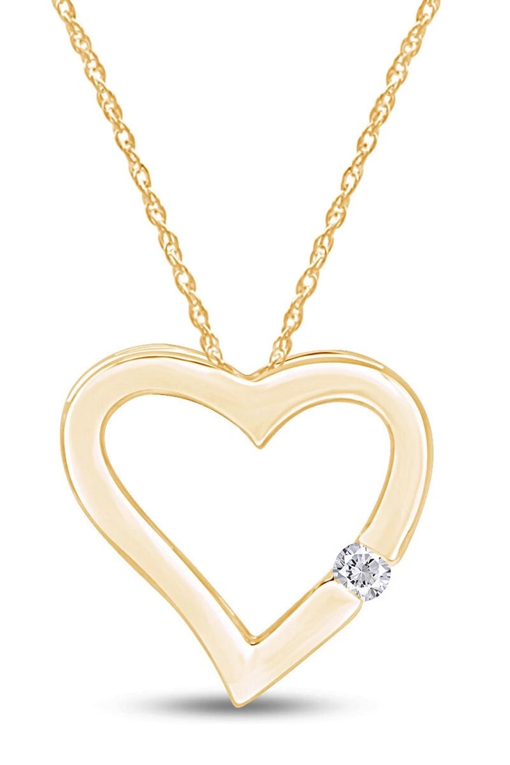 GOLD-TONE OPEN HEART PENDANT NECKLACE WITH COLORLESS ACCENT: GOLD-TONE OPEN HEART PENDANT NECKLACE WITH COLORLESS ACCENT Description: A polished gold-tone open-heart pendant with a small colorless stone accent positioned near the lower side, suspended from a