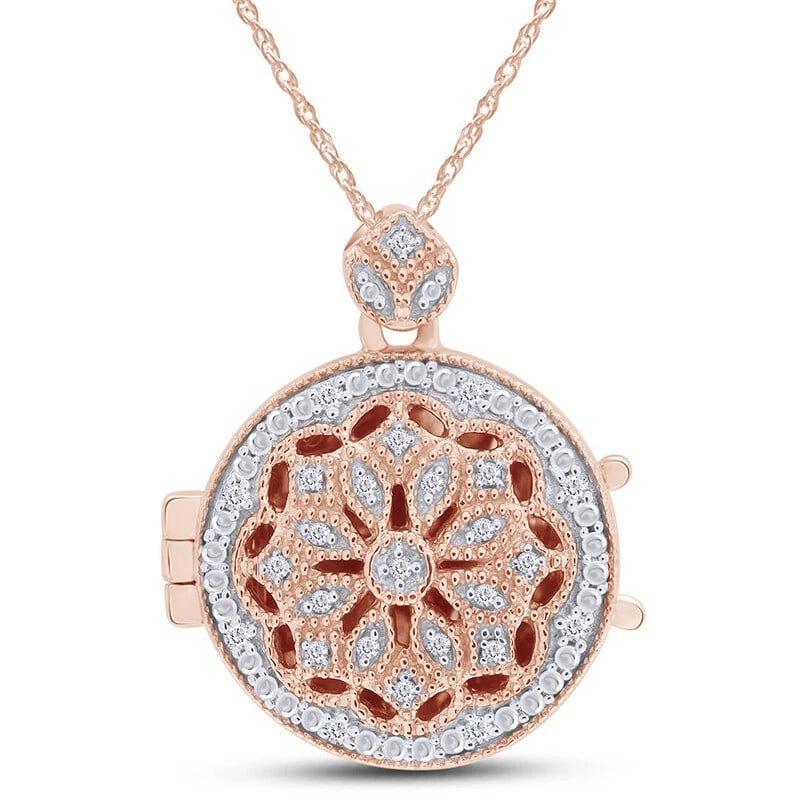 ROSE-GOLD-TONE CIRCULAR LOCKET PENDANT NECKLACE WITH COLORLESS STONES: ROSE-GOLD-TONE CIRCULAR LOCKET PENDANT NECKLACE WITH COLORLESS STONES Description: A round rose-gold-tone locket pendant with an ornate radial openwork face highlighted by numerous small colorless