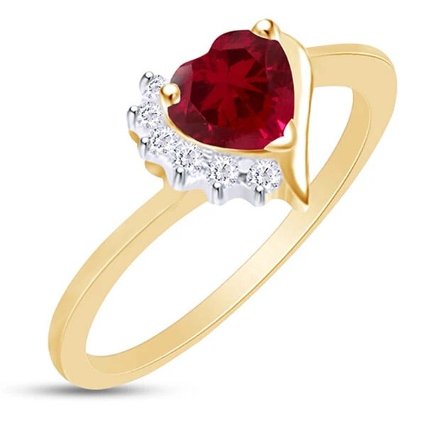 GOLD-TONE RED HEART-CUT AND COLORLESS STONE RING: GOLD-TONE RED HEART-CUT AND COLORLESS STONE RING Description: A gold-tone ring centered by a vivid red heart-cut stone, accented along one side by a curved row of small colorless stones and framed by