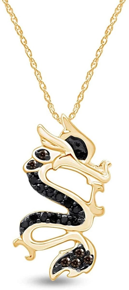GOLD-TONE DRAGON PENDANT NECKLACE WITH DARK ACCENTS: GOLD-TONE DRAGON PENDANT NECKLACE WITH DARK ACCENTS Description: A stylized dragon pendant in polished gold-tone metal, with dark stone or enamel-like accents emphasizing portions of the serpentine