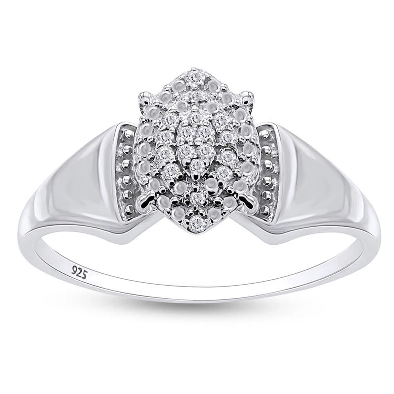 WHITE-METAL COLORLESS STONE CLUSTER RING: WHITE-METAL COLORLESS STONE CLUSTER RING Description: A white-metal ring centered by a compact multi-stone cluster arranged in a rounded floral or shield-like formation above a polished shank.