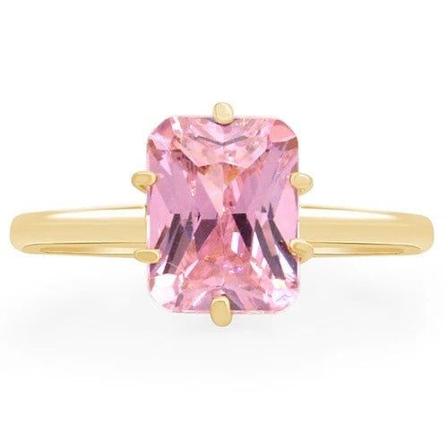 GOLD-TONE RECTANGULAR PINK STONE SOLITAIRE RING: GOLD-TONE RECTANGULAR PINK STONE SOLITAIRE RING Description: A slender gold-tone ring centered by a rectangular faceted pink stone in a raised four-prong setting.