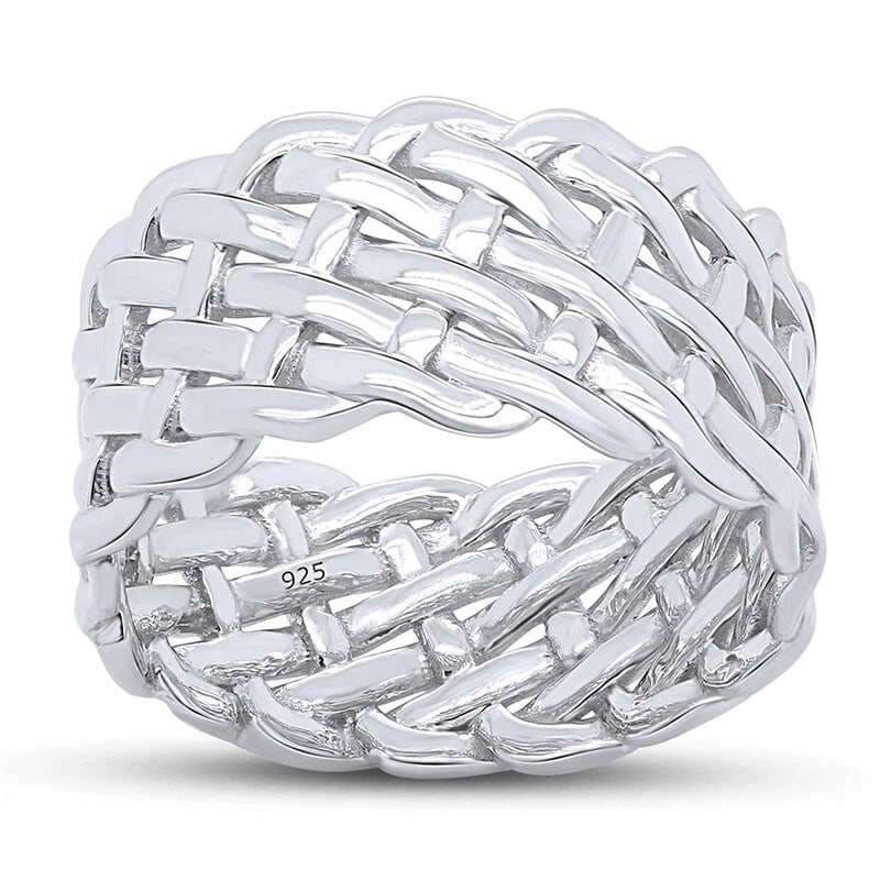 WHITE-METAL MULTI-ROW WOVEN STATEMENT RING: WHITE-METAL MULTI-ROW WOVEN STATEMENT RING Description: A broad white-metal ring composed of multiple interlaced polished bands forming a woven basket-like surface across the top.