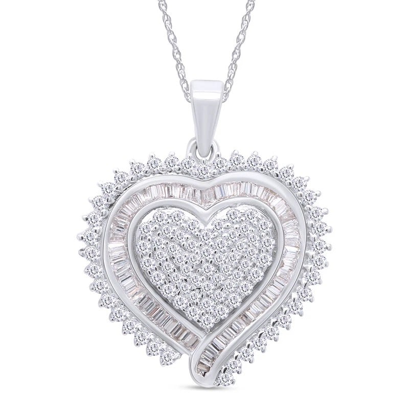 WHITE-METAL COLORLESS STONE HEART PENDANT NECKLACE: WHITE-METAL COLORLESS STONE HEART PENDANT NECKLACE Description: A large heart pendant in bright white metal, densely set with colorless stones across the center and surrounded by multiple decorative