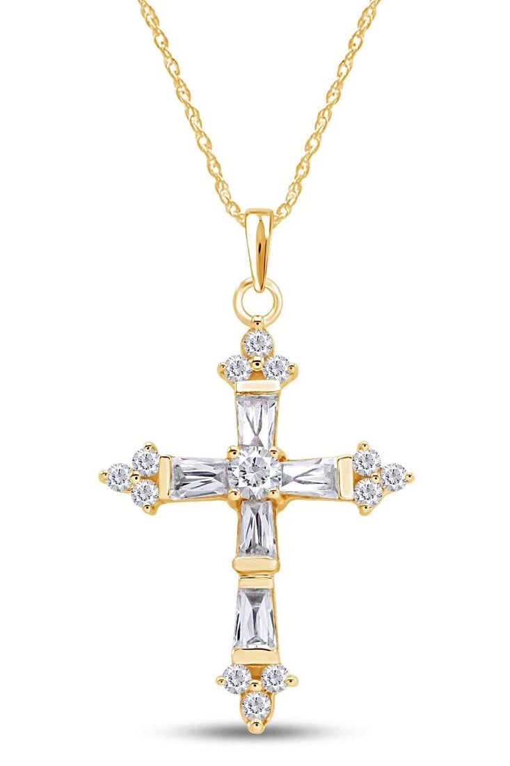 GOLD-TONE COLORLESS STONE CROSS PENDANT NECKLACE: GOLD-TONE COLORLESS STONE CROSS PENDANT NECKLACE Description: A traditional cross pendant in warm gold-tone metal, set with a series of colorless stones along the vertical and horizontal arms and