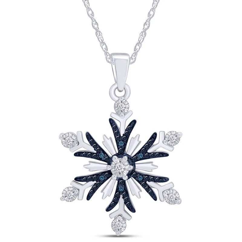 WHITE-METAL BLUE AND COLORLESS STONE SNOWFLAKE PENDANT NECKLACE: WHITE-METAL BLUE AND COLORLESS STONE SNOWFLAKE PENDANT NECKLACE Description: A snowflake-form pendant in white metal, combining deep-blue marquise-shaped stones with bright colorless accents around a