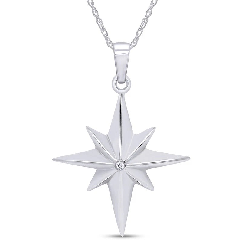 WHITE-METAL EIGHT-POINT STAR PENDANT NECKLACE: WHITE-METAL EIGHT-POINT STAR PENDANT NECKLACE Description: A sculptural eight-point star pendant in polished white metal, with faceted planar surfaces radiating from the center and suspended from a