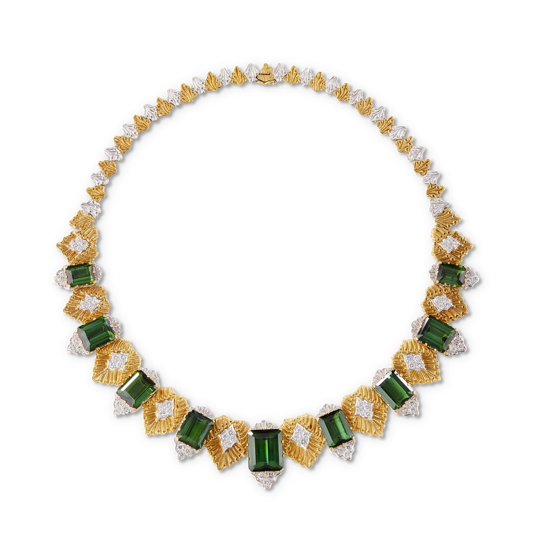 EMERALD AND DIAMOND NECKLACE: EMERALD AND DIAMOND NECKLACE Description: A necklace with repeating yellow metal links and graduated green-stone pendant sections surrounded by light-colored stones. The image records the full
