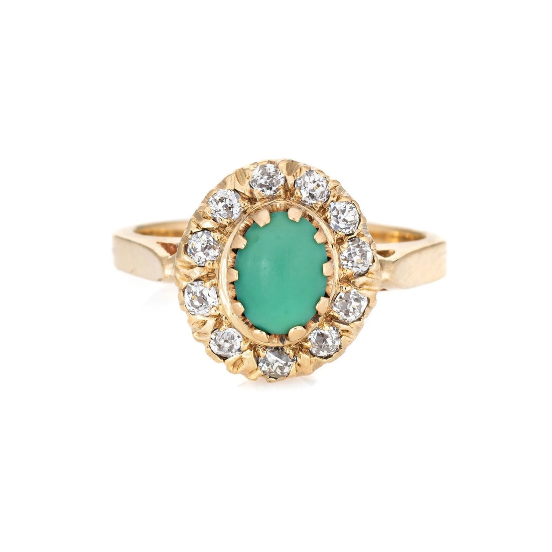 ANTIQUE VICTORIAN TURQUOISE DIAMOND RING VINTAGE 14K YELLOW GOLD MINE CUT HALO: ANTIQUE VICTORIAN TURQUOISE DIAMOND RING VINTAGE 14K YELLOW GOLD MINE CUT HALO Description: Finely detailed antique Victorian era ring (circa 1880s to 1900s) crafted in 14k yellow gold.Turquoise