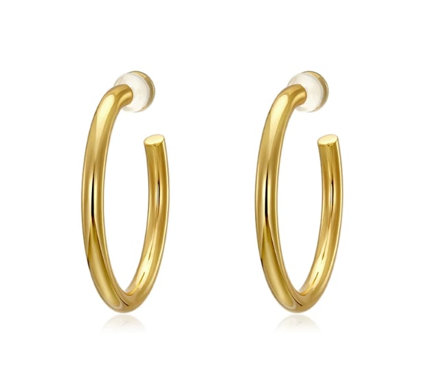 GOLD HOOP EARRINGS, PAIR: GOLD HOOP EARRINGS, PAIR Description: Pair of sleek open hoop earrings in a bright gold finish, each formed with a smooth rounded profile and a contrasting pale circular end element at the top. The