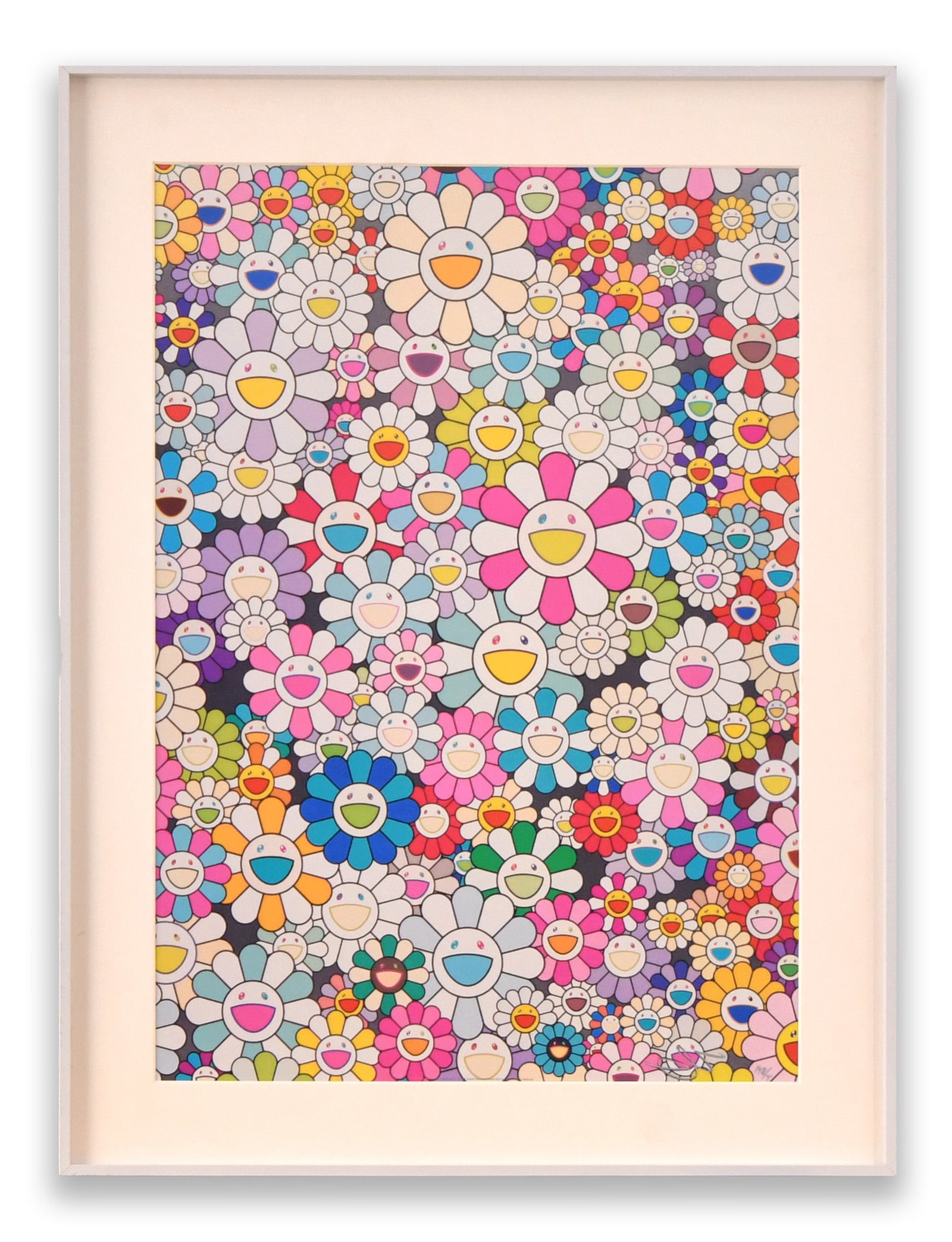 TAKASHI MURAKAMI (1962- ), ATTRIBUTED TO, LIMITED EDITION PRINT ON PAPER: TAKASHI MURAKAMI (1962- ), ATTRIBUTED TO, LIMITED EDITION PRINT ON PAPER Description: The composition presents a dense field of colorful smiling flowers arranged across the surface in a rhythmic and