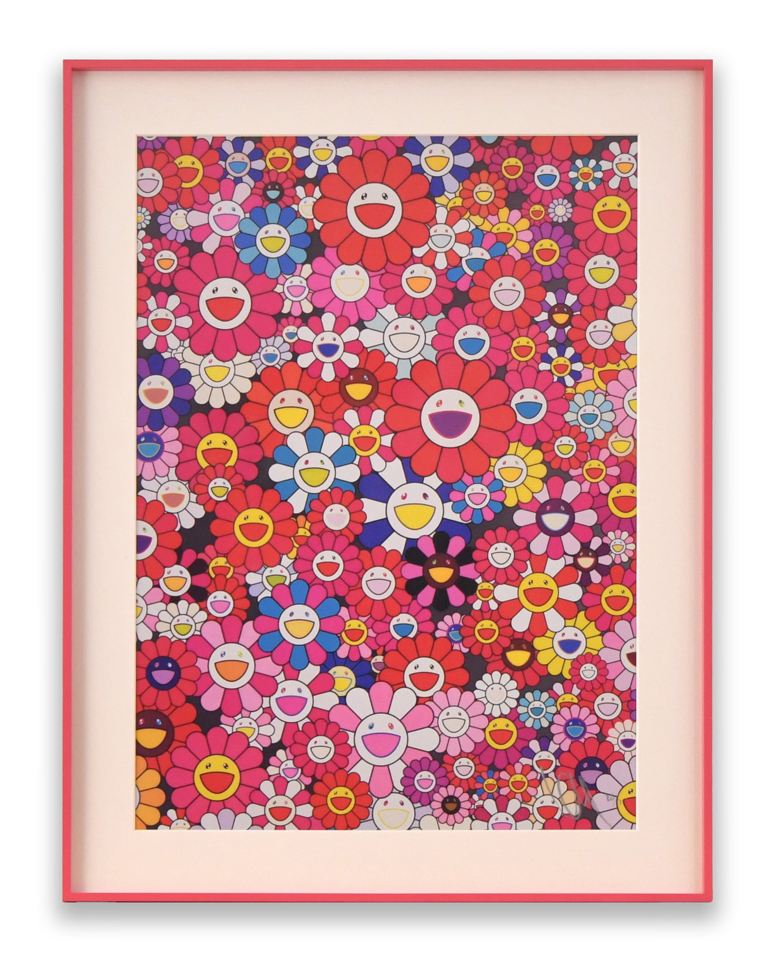TAKASHI MURAKAMI (1962- ), ATTRIBUTED TO, LIMITED EDITION PRINT ON PAPER: TAKASHI MURAKAMI (1962- ), ATTRIBUTED TO, LIMITED EDITION PRINT ON PAPER Description: The composition presents an energetic field of multicolored smiling flowers arranged in overlapping layers,