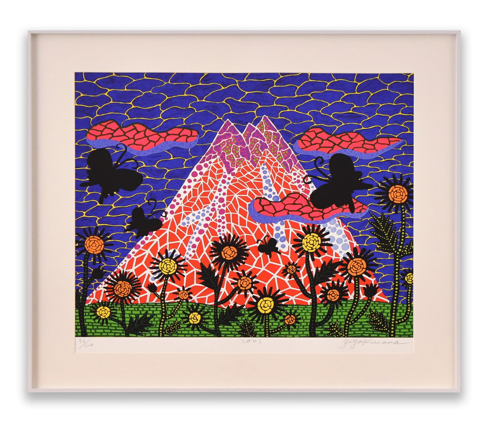 YAYOI KUSAMA (1929- ), ATTRIBUTED TO, LIMITED EDITION PRINT ON PAPER: YAYOI KUSAMA (1929- ), ATTRIBUTED TO, LIMITED EDITION PRINT ON PAPER Description: The composition depicts a surreal landscape featuring a monumental patterned mountain surrounded by stylized flowers,