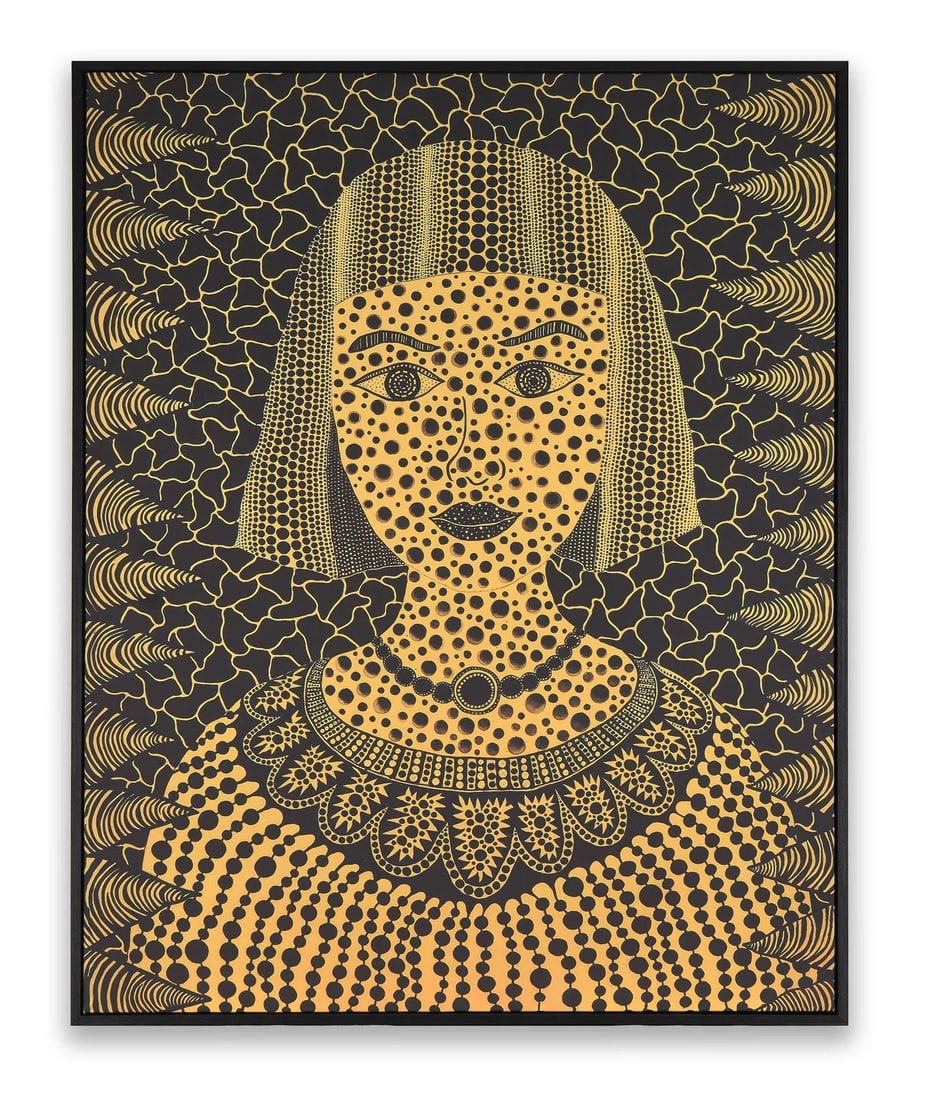 YAYOI KUSAMA (B. 1929), PORTRAIT WITH INFINITY DOTS, DECORATIVE CANVAS PRINT: YAYOI KUSAMA (B. 1929), PORTRAIT WITH INFINITY DOTS, DECORATIVE CANVAS PRINT Description: The artwork depicts a frontal female portrait rendered in a striking black and gold palette. The figure's face