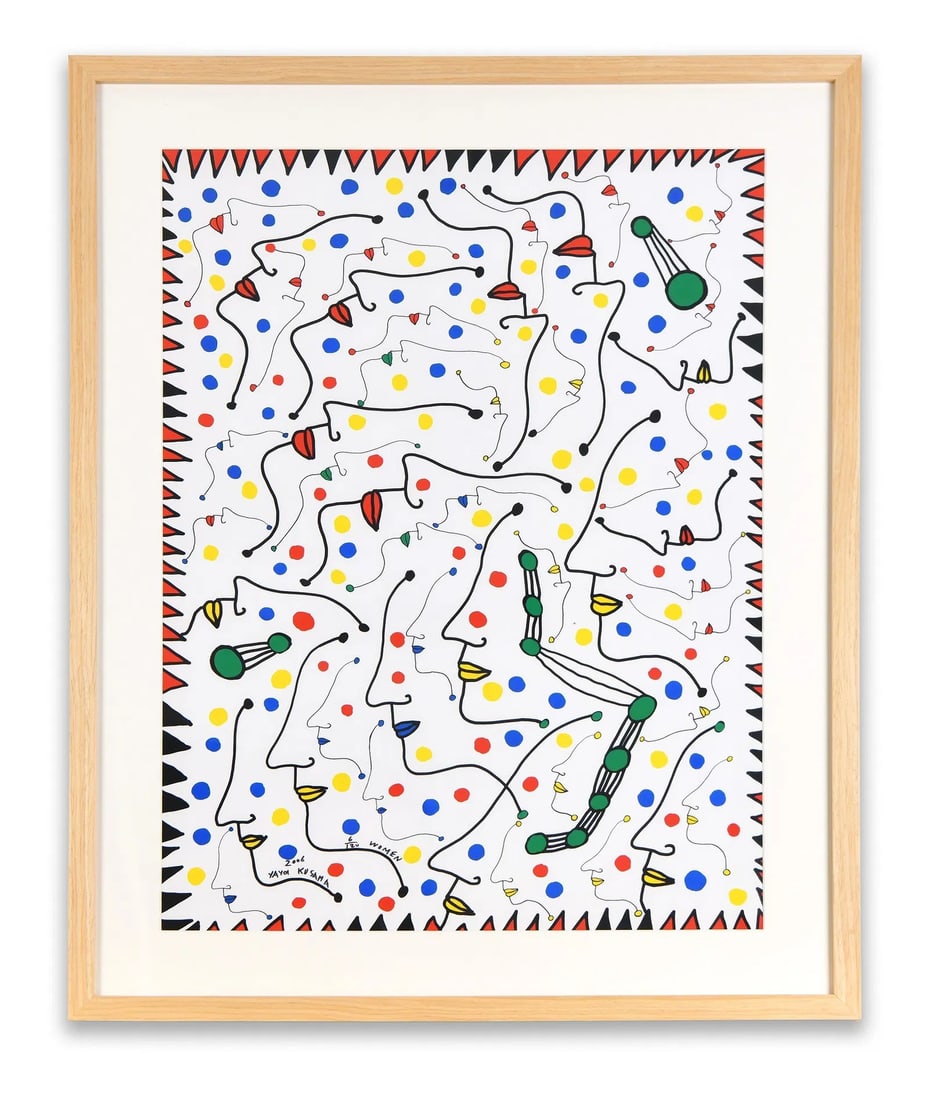 YAYOI KUSAMA (B. 1929), FACES AND POLKA DOTS COMPOSITION, DECORATIVE CANVAS PRINT: YAYOI KUSAMA (B. 1929), FACES AND POLKA DOTS COMPOSITION, DECORATIVE CANVAS PRINT Description: The artwork presents a dense arrangement of stylized profile faces drawn in simple black contour lines.