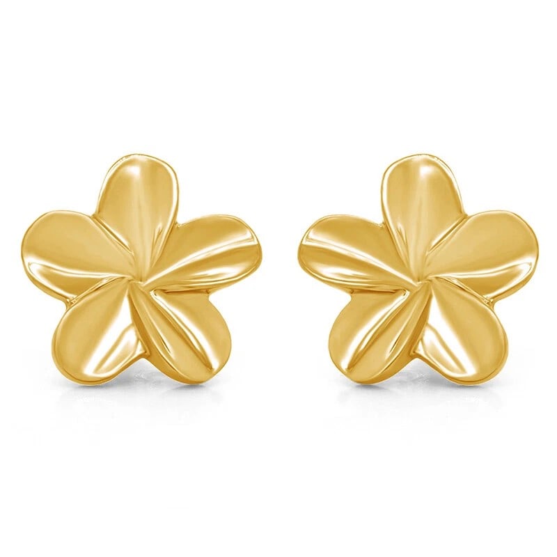 GOLD-TONE FIVE-PETAL FLOWER STUD EARRINGS: GOLD-TONE FIVE-PETAL FLOWER STUD EARRINGS Description: A pair of polished gold-tone stud earrings modeled as simple five-petal flowers with softly rounded, dimensional petals.