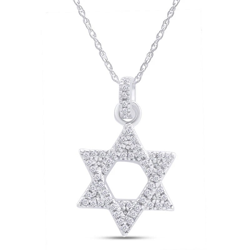 WHITE-METAL COLORLESS STONE STAR OF DAVID PENDANT NECKLACE: WHITE-METAL COLORLESS STONE STAR OF DAVID PENDANT NECKLACE Description: A Star of David pendant in bright white metal, set across its interlocking triangular form with numerous small colorless stones
