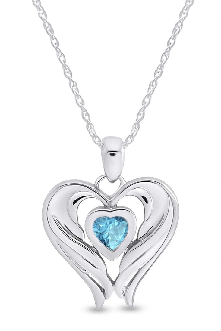WHITE-METAL HEART PENDANT NECKLACE WITH BLUE HEART-CUT STONE: WHITE-METAL HEART PENDANT NECKLACE WITH BLUE HEART-CUT STONE Description: An openwork double-heart pendant in polished white metal, centered near the lower portion by a small blue heart-cut stone.