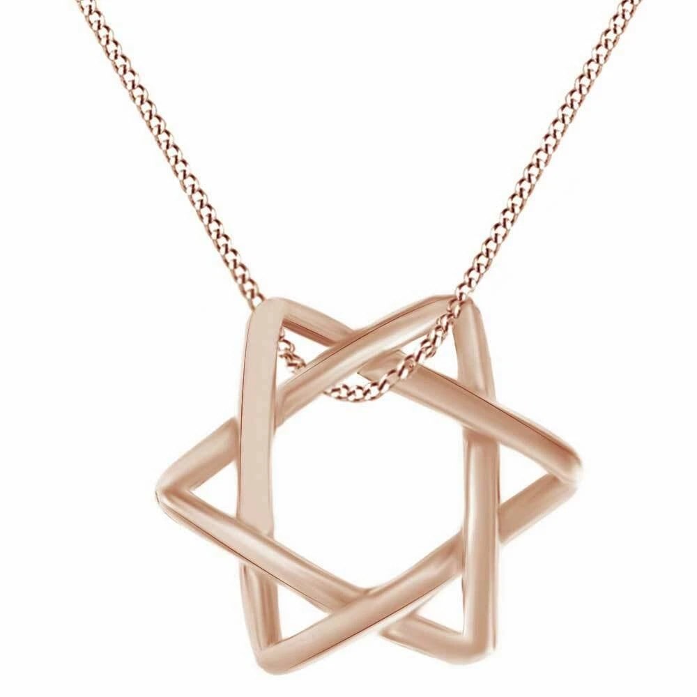ROSE-GOLD-TONE INTERLOCKING STAR PENDANT NECKLACE: ROSE-GOLD-TONE INTERLOCKING STAR PENDANT NECKLACE Description: A rose-gold-tone necklace centered by an open interlocking six-point star pendant formed from continuous angular bands.