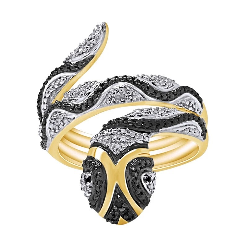 TWO-TONE SNAKE-FORM STATEMENT RING WITH DARK STONE ACCENTS: TWO-TONE SNAKE-FORM STATEMENT RING WITH DARK STONE ACCENTS Description: A sculptural coiled snake ring combining polished gold-tone bands with dark, stone-set serpentine sections and raised head