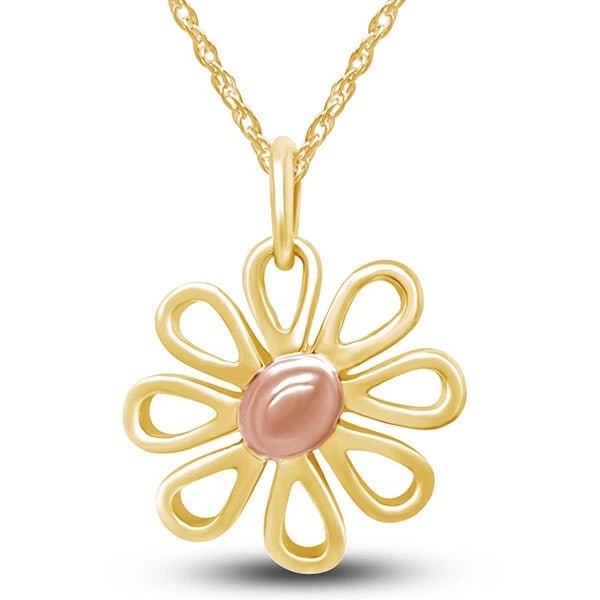 GOLD-TONE FLOWER PENDANT NECKLACE WITH PINK CABOCHON CENTER: GOLD-TONE FLOWER PENDANT NECKLACE WITH PINK CABOCHON CENTER Description: A cheerful open-petal flower pendant in polished gold-tone metal, centered by a smooth pink oval cabochon and suspended from a