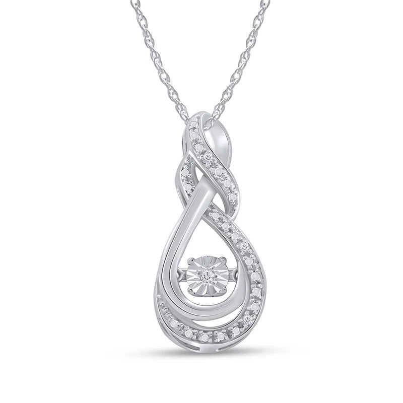 WHITE-METAL DANCING COLORLESS STONE TEARDROP PENDANT NECKLACE: WHITE-METAL DANCING COLORLESS STONE TEARDROP PENDANT NECKLACE Description: An elegant teardrop pendant with intertwined white-metal curves framing a freely suspended central colorless stone and