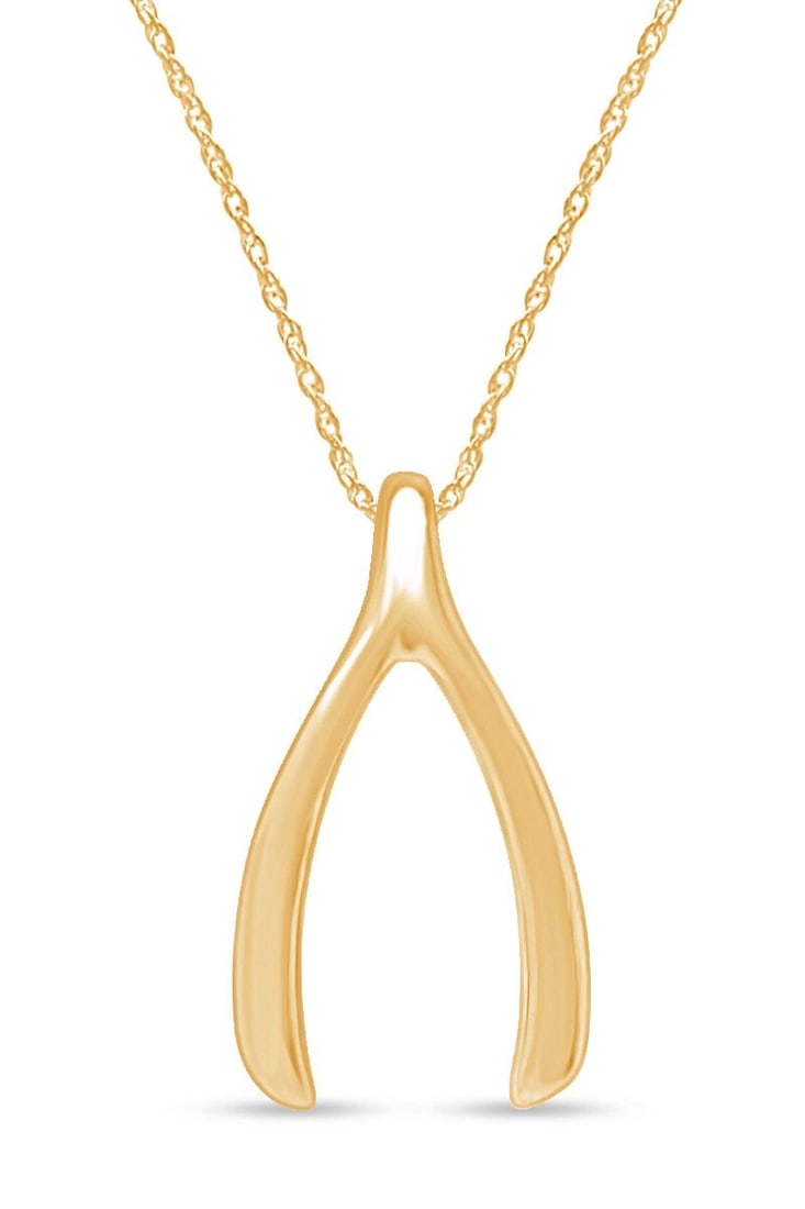 GOLD-TONE WISHBONE PENDANT NECKLACE: GOLD-TONE WISHBONE PENDANT NECKLACE Description: A minimalist wishbone-form pendant in polished gold-tone metal, suspended vertically from a fine matching chain.