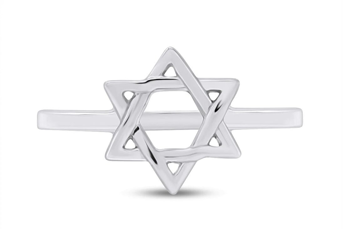 925 WHITE-METAL STAR OF DAVID RING: 925 WHITE-METAL STAR OF DAVID RING Description: A polished white-metal ring centered by an open Star of David motif. A visible 925 mark appears on the shank.