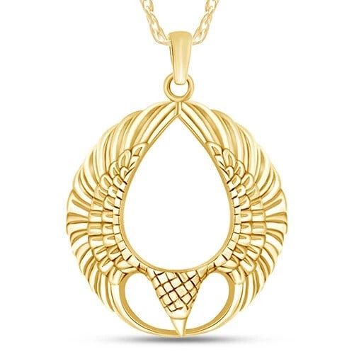 GOLD-TONE OPENWORK FEATHER PENDANT NECKLACE: GOLD-TONE OPENWORK FEATHER PENDANT NECKLACE Description: A large circular openwork pendant incorporating stylized feather or wing-like elements around an open teardrop center, suspended from a