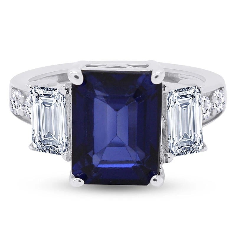 WHITE-METAL RECTANGULAR DEEP-BLUE AND COLORLESS STONE RING (1 of 4)