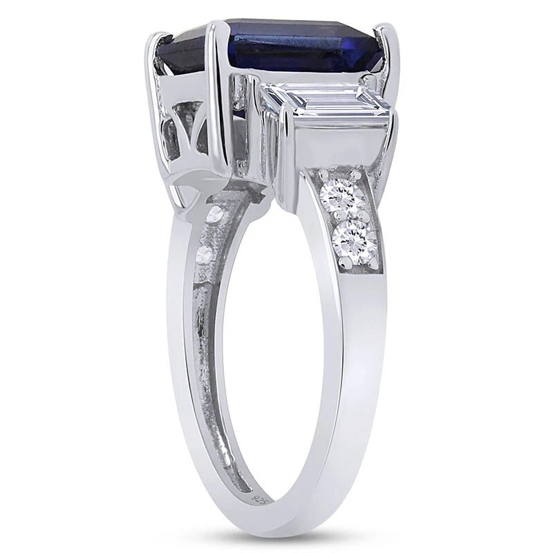 WHITE-METAL RECTANGULAR DEEP-BLUE AND COLORLESS STONE RING - 2
