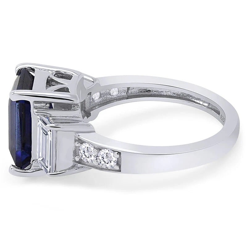 WHITE-METAL RECTANGULAR DEEP-BLUE AND COLORLESS STONE RING - 3