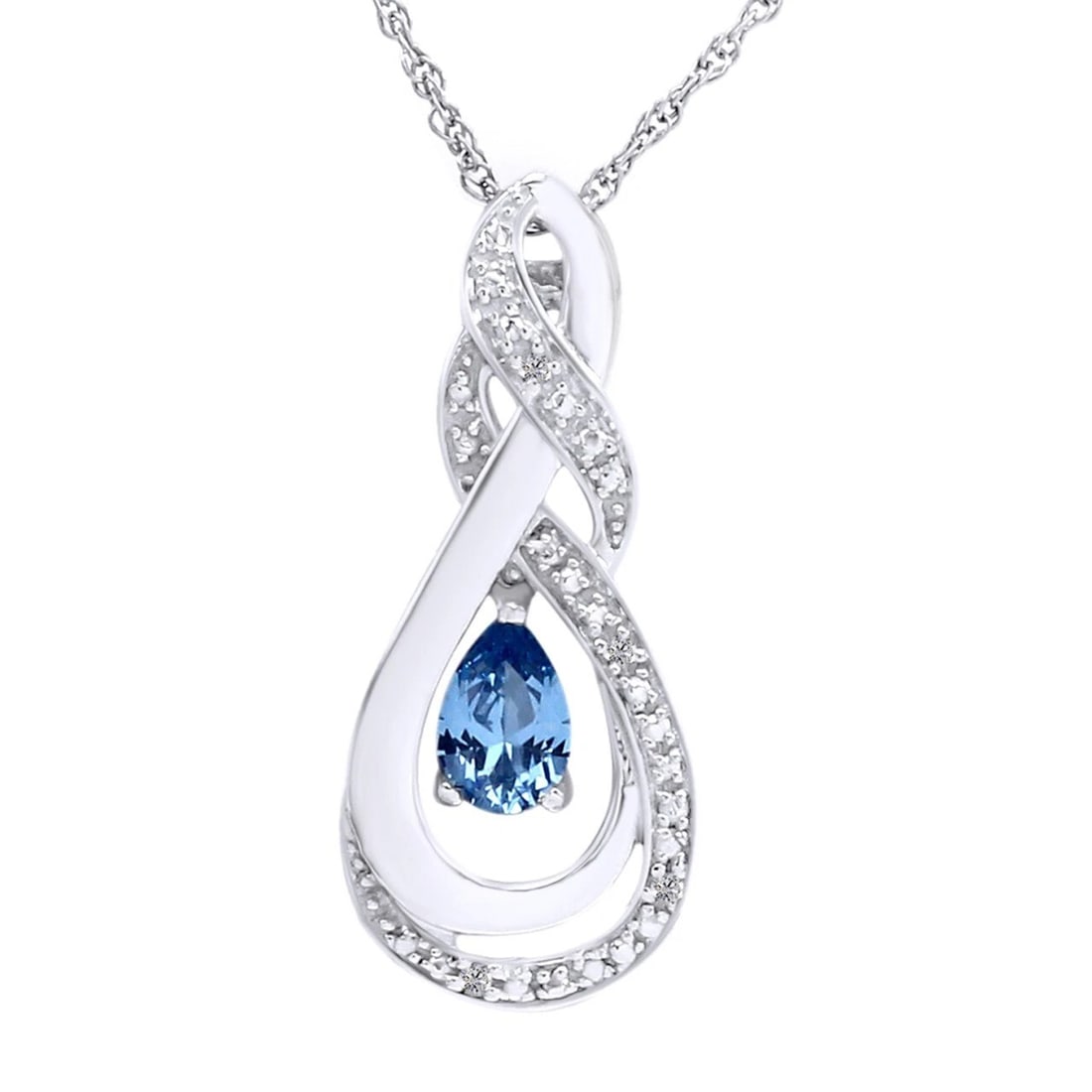 WHITE-METAL BLUE TEARDROP AND COLORLESS STONE PENDANT NECKLACE: WHITE-METAL BLUE TEARDROP AND COLORLESS STONE PENDANT NECKLACE Description: An elongated open teardrop pendant in polished white metal, featuring a blue pear-shaped center stone framed by sweeping