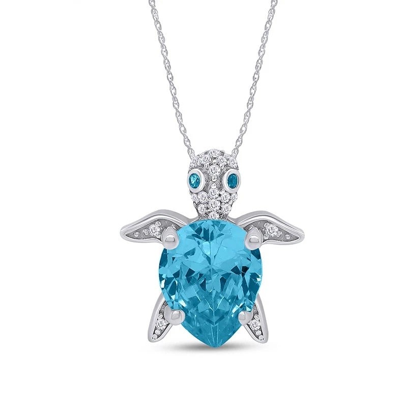 WHITE-METAL BLUE HEART-CUT TURTLE PENDANT NECKLACE (1 of 4)