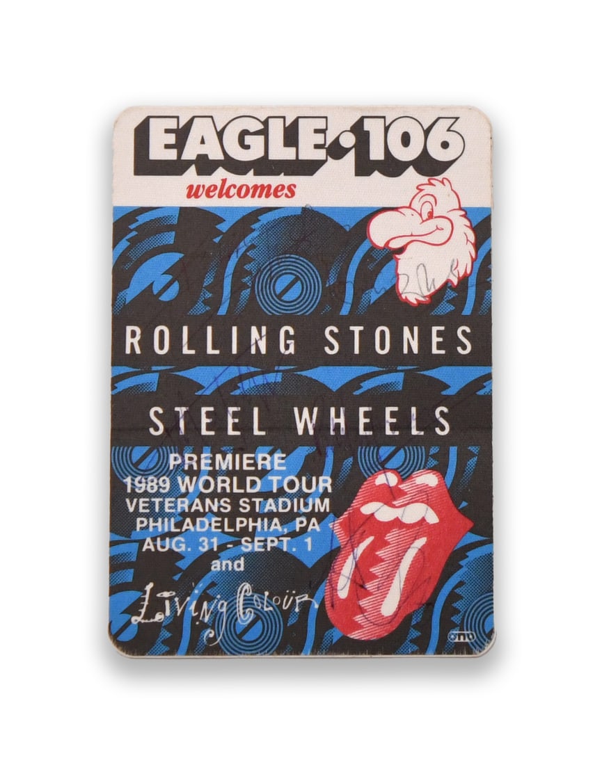 THE ROLLING STONES - SIGNED STEEL WHEELS WORLD TOUR PROMOTIONAL PASS (EAGLE 106, 1989) (1 of 2)