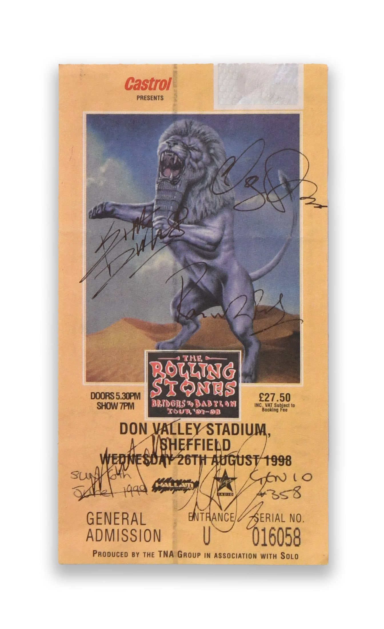 THE ROLLING STONES - SIGNED BRIDGES TO BABYLON TOUR 1997-1998 CONCERT TICKET (DON VALLEY STADIUM, SH (1 of 2)