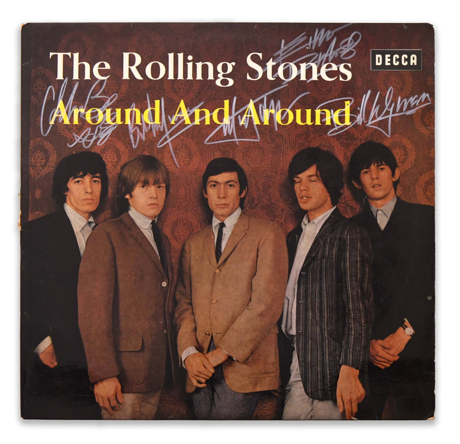 THE ROLLING STONES - AROUND AND AROUND (DECCA RECORDS): THE ROLLING STONES - AROUND AND AROUND (DECCA RECORDS) Signature: Mick Jagger, Keith Richards, Brian Jones, Bill Wyman, Charlie Watts Description: The cover features a formal group portrait of The Rol