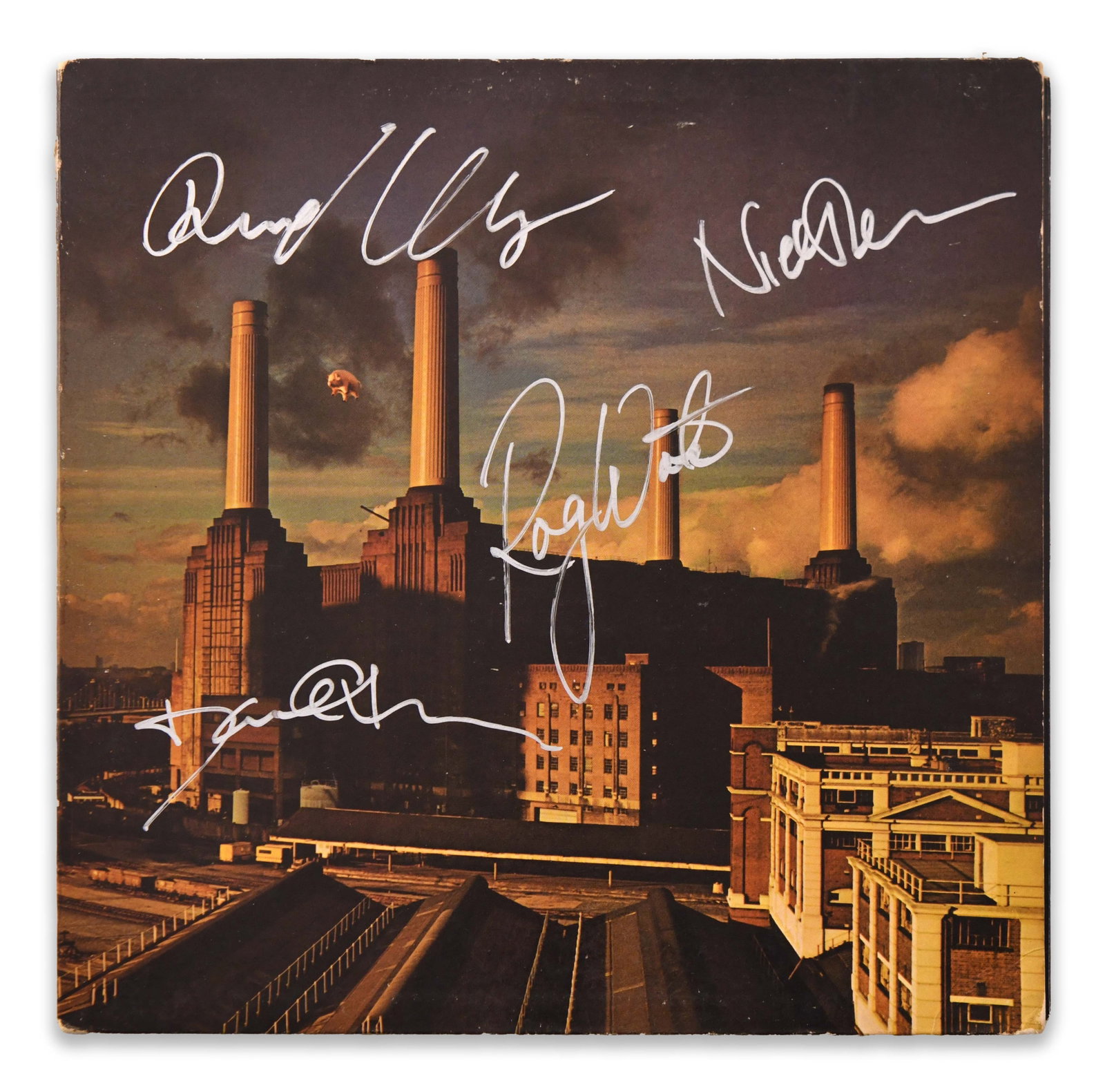 PINK FLOYD - SIGNED ANIMALS (HARVEST RECORDS, SHVL 815, STEREO): PINK FLOYD - SIGNED ANIMALS (HARVEST RECORDS, SHVL 815, STEREO) Signature: Roger Waters, David Gilmour, Nick Mason, Richard Wright Description: The cover presents the legendary Animals artwork featuri