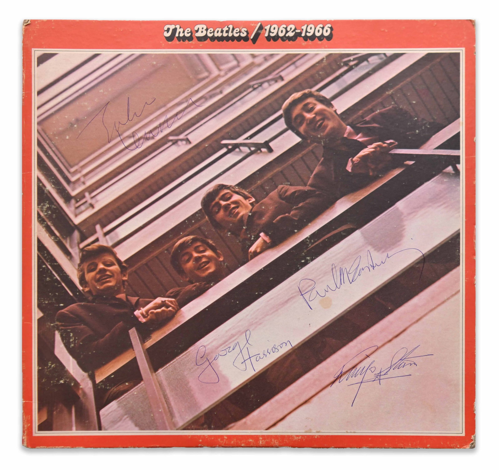 THE BEATLES - SIGNED 1962-1966 (THE RED ALBUM, PARLOPHONE/CAPITOL RECORDS): THE BEATLES - SIGNED 1962-1966 (THE RED ALBUM, PARLOPHONE/CAPITOL RECORDS) Signature: John Lennon, Paul McCartney, George Harrison, Ringo Starr Description: The album cover features the classic Beatle