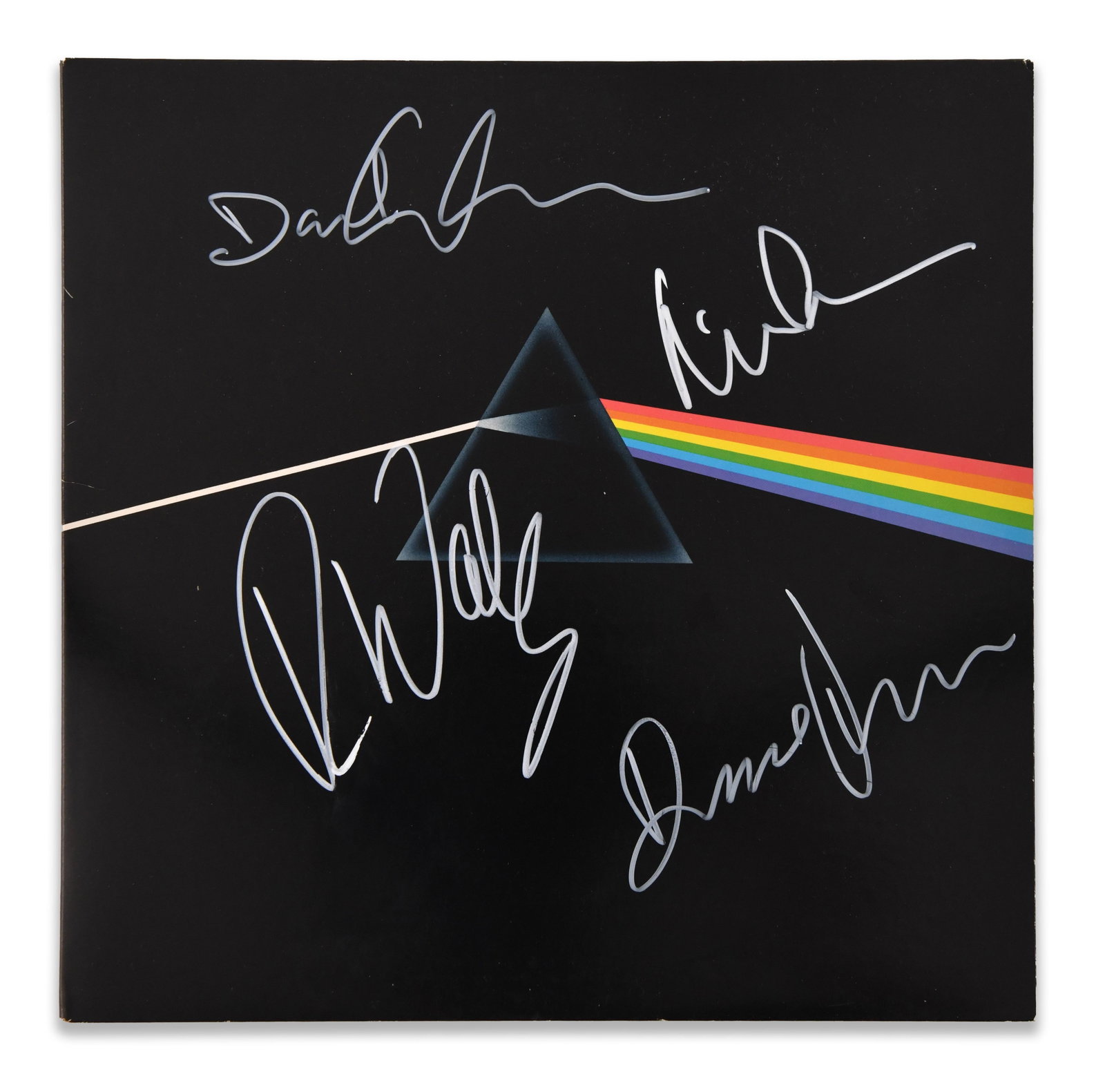 PINK FLOYD - EARLY LINEUP FULLY SIGNED THE DARK SIDE OF THE MOON LP: PINK FLOYD - EARLY LINEUP FULLY SIGNED THE DARK SIDE OF THE MOON LP Signature: Syd Barrett, Roger Waters, Richard Wright and Nick Mason. Description: The lot titled Pink Floyd - Early Lineup Fully