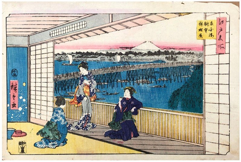 Japanese Woodblock Print Ando Hiroshige: Japanese Woodblock Print by Ando Hiroshige Restaurant with a View of the Ryogoku Bridge