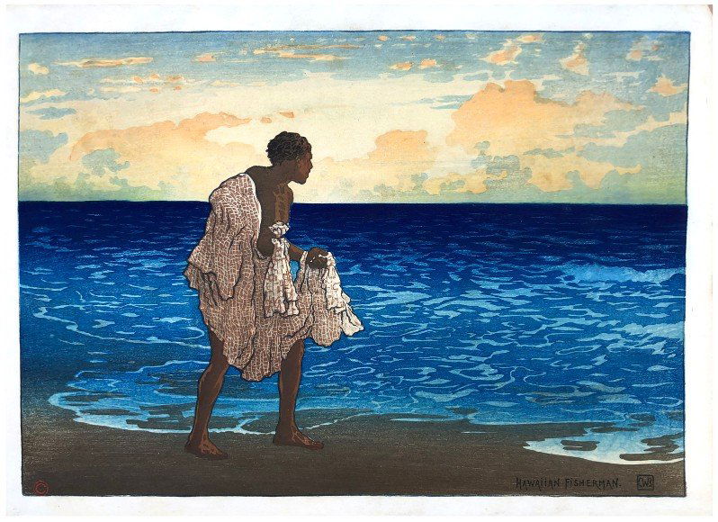 Japanese Woodblock Print Charles Bartlett: Japanese Woodblock Print by Charles Bartlett Hawaiian Fisherman