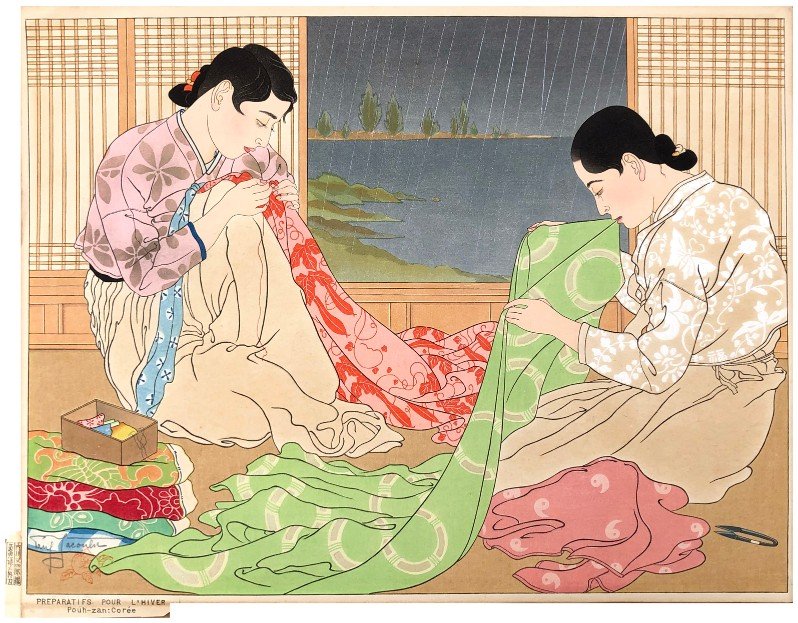 Japanese Woodblock Print Paul Jacoulet: Japanese Woodblock Print by Paul Jacoulet Preparatifs pour l'hiver