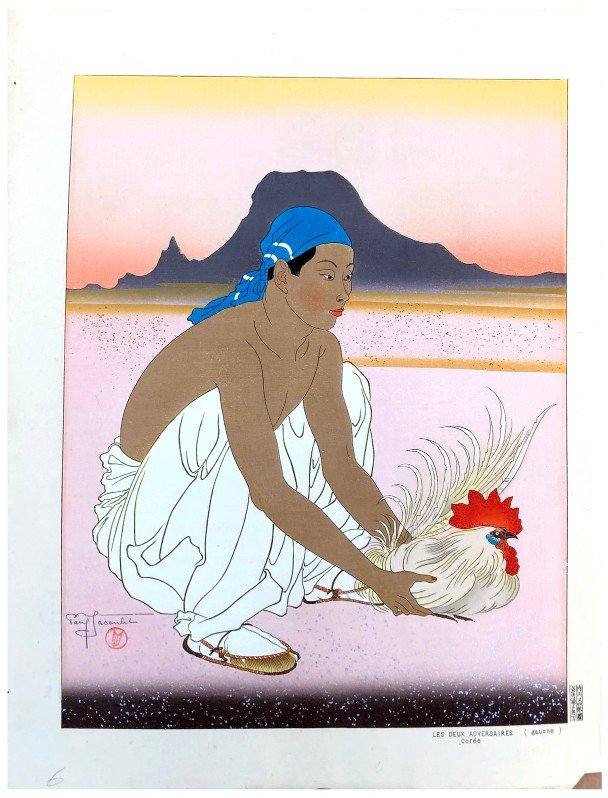 Japanese Woodblock Print Paul Jacoulet: Japanese Woodblock Print by Paul Jacoulet Les Deux Adversaires Gauche Coree
