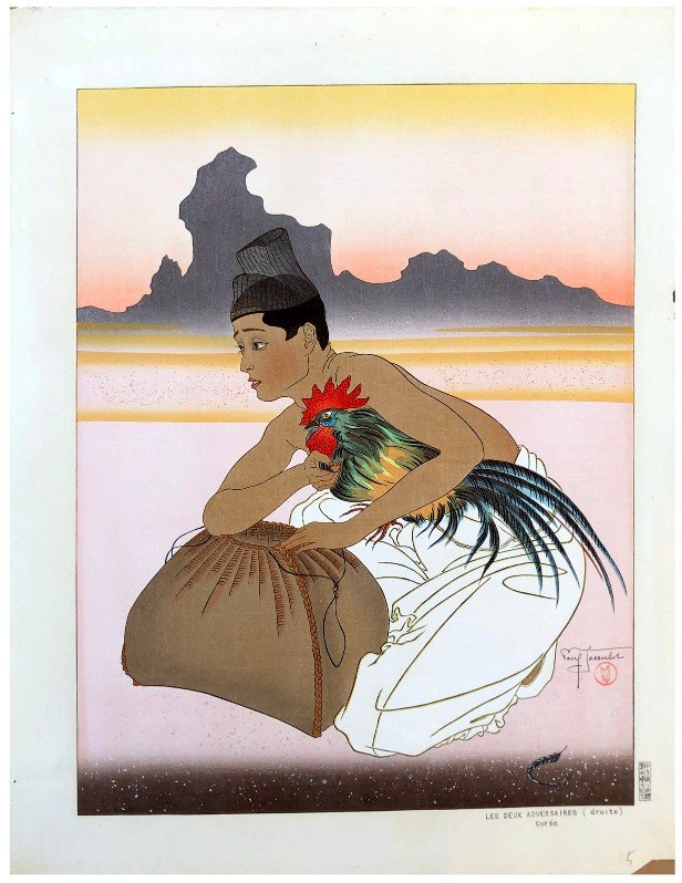 Japanese Woodblock Print Paul Jacoulet: Japanese Woodblock Print by Paul Jacoulet Les Deux Adversaires Droite Coree