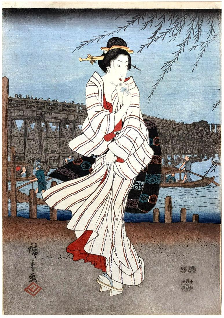 Japanese Woodblock Print Ando Hiroshige: Japanese Woodblock Print by Ando Hiroshige Enjoying the Evening Cool at Ryogoku Bridge