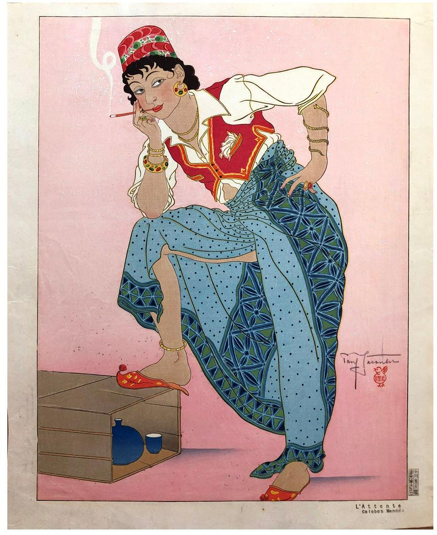 Japanese Woodblock Print Paul Jacoulet: Japanese Woodblock Print by Paul Jacoulet L'attente Celebes Menado